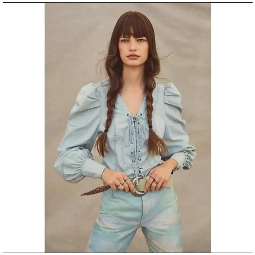 NEW Free People Lace Up Light Wash Cotton Denim Corset Top Size Small